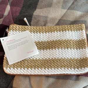 Thirty-One Tan and White Knit Clutch